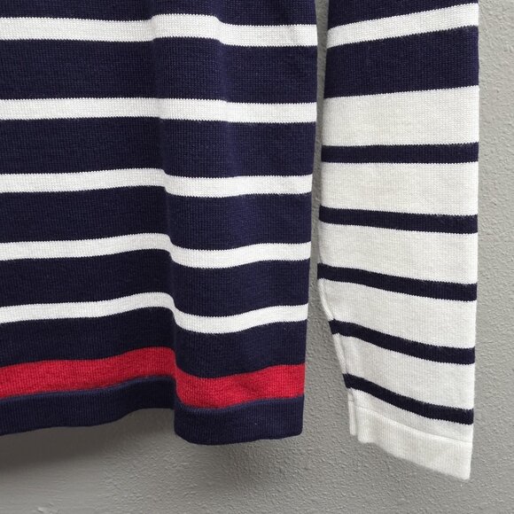 BENANCY Sweater Womens Medium Navy White Striped Crewneck Gold Button Shoulders - Picture 3 of 11